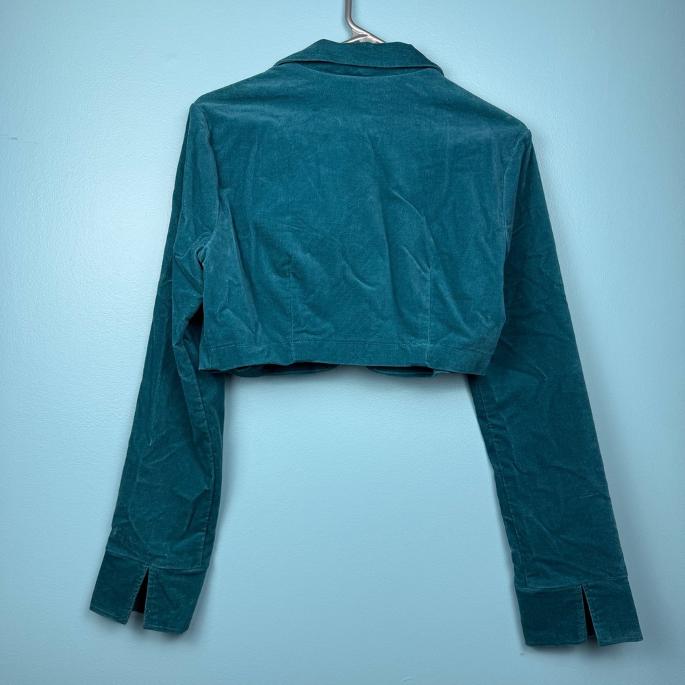 Rare VTG Y2K Fang Teal Blue Cropped Velor Blazer Jacket Rhinestone Brooch Large - Picture 2 of 7